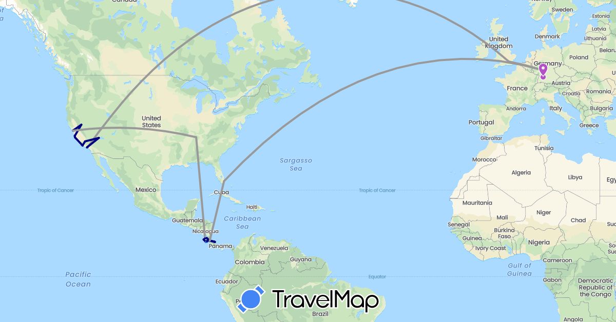 TravelMap itinerary: driving, plane, train, boat in Costa Rica, Germany, United Kingdom, United States (Europe, North America)